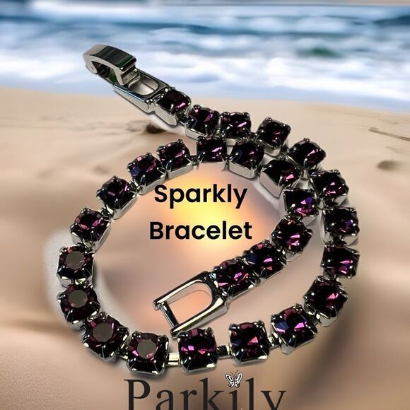 Handcrafted bracelet with amethyst sparkly Swarovski crystal - Picture 1 of 6